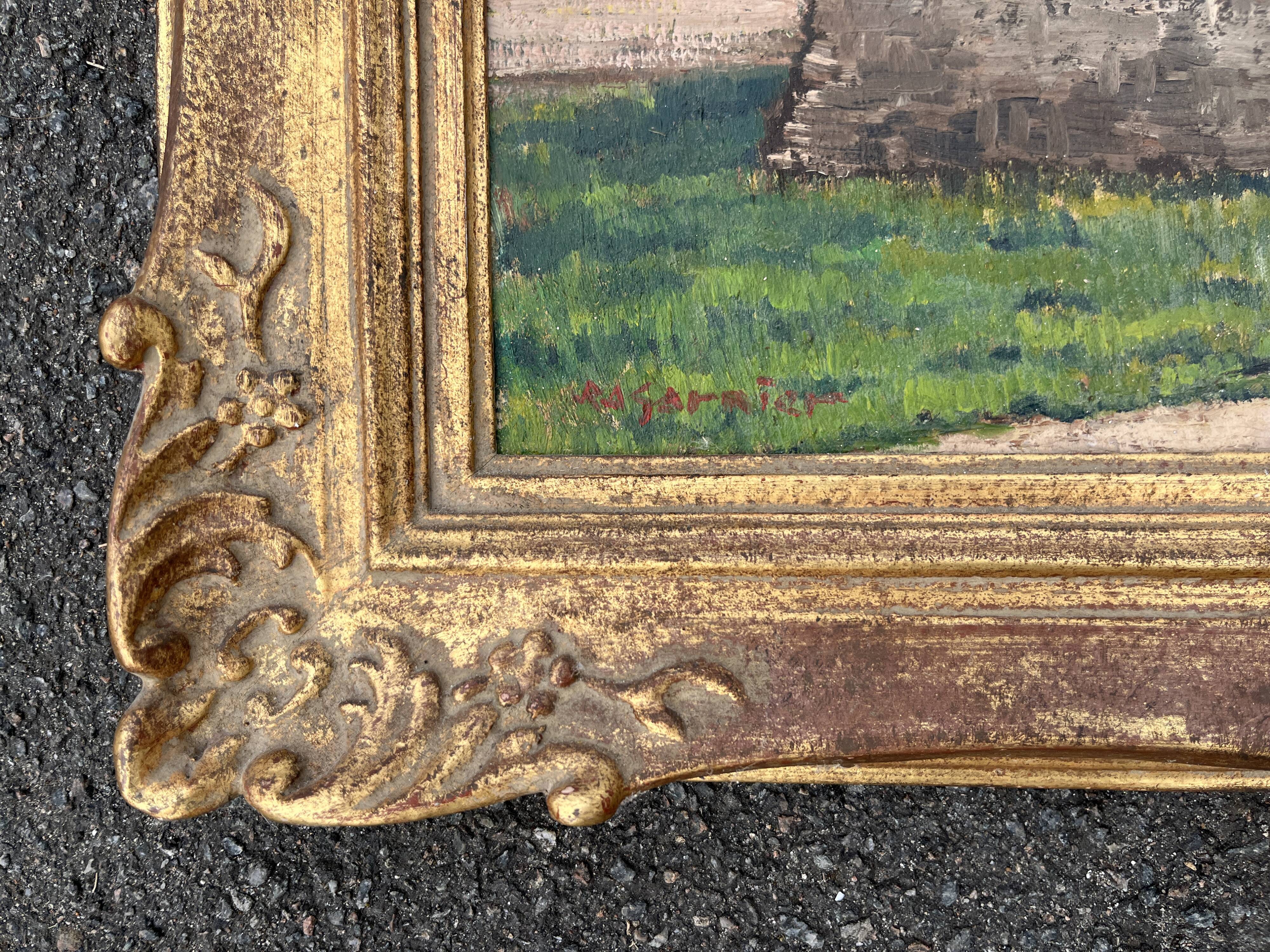 Oil painting of a Breton manor signed M. Garnier in a gilded frame - Antique