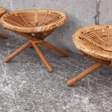 Low wicker and rattan stools, 1970s. (Set of 3)
