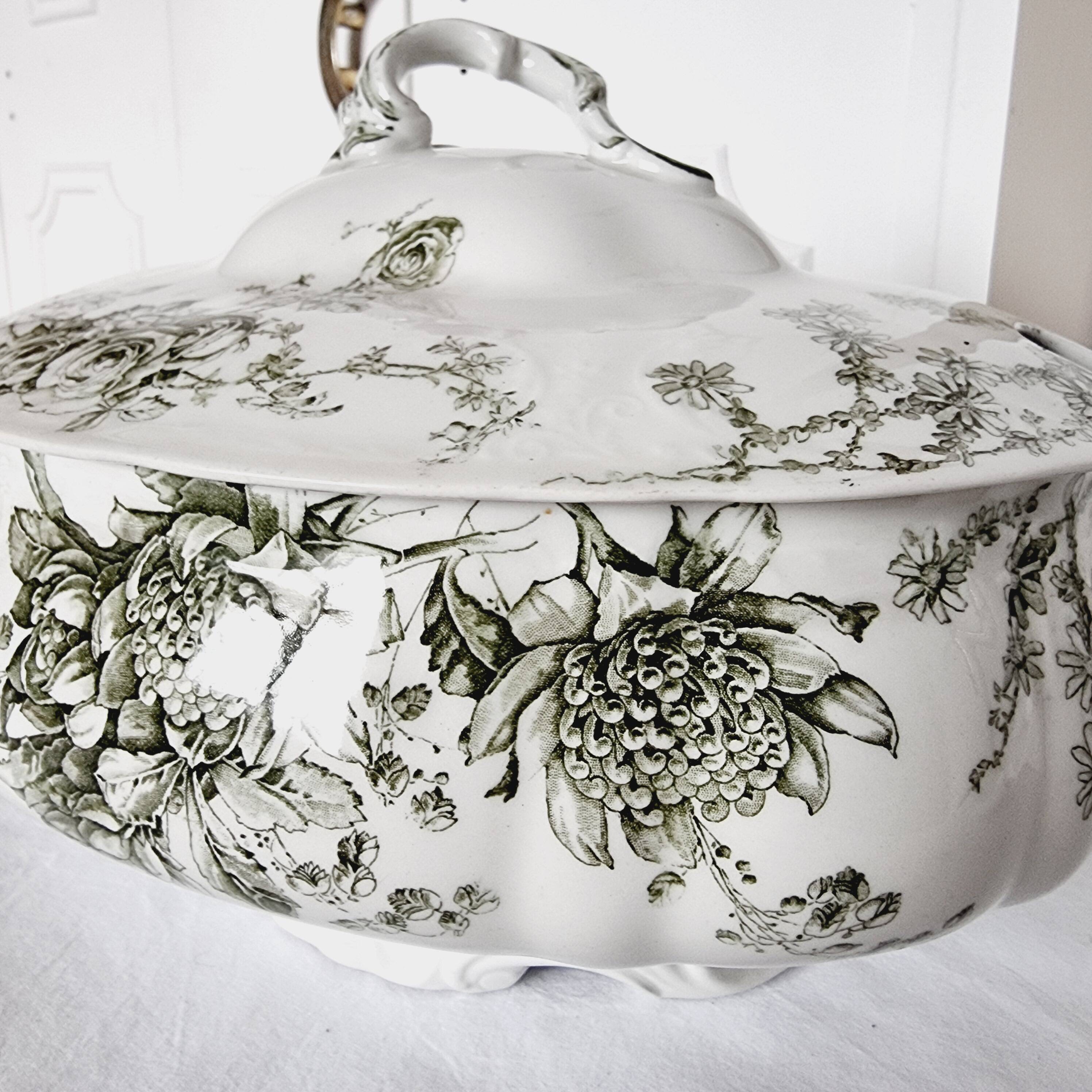 Antique Doulton Brurslem English Porcelain Tureen with Rose and Waratah Pattern from 1920