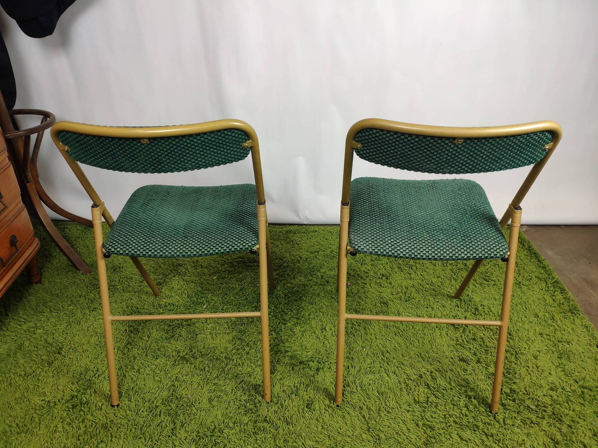 Lot of 4 folding chairs striped fabrics and green metal year 60