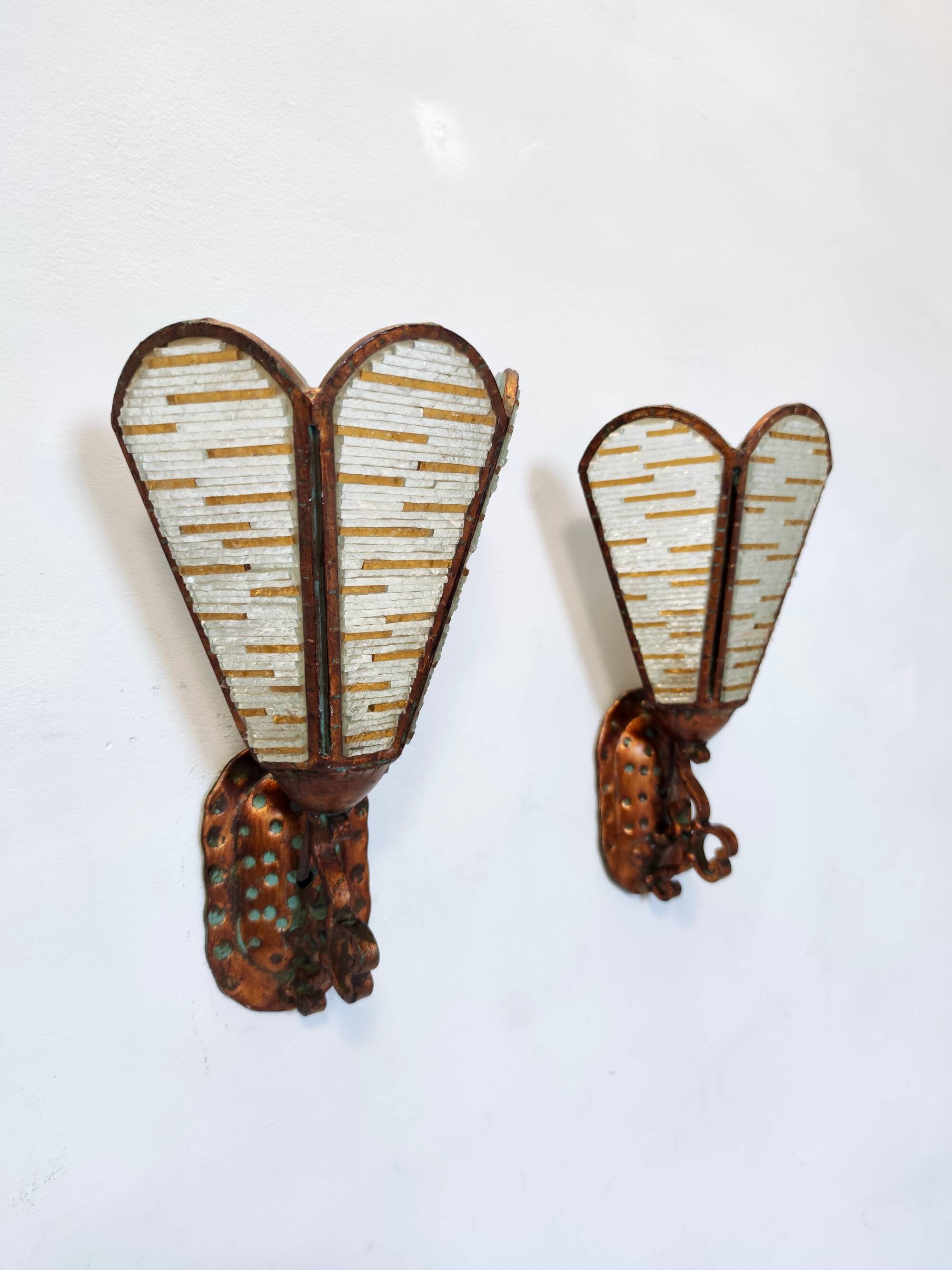 Pair of Copper and Murano Glass Appliques / Wall Lights, Italy