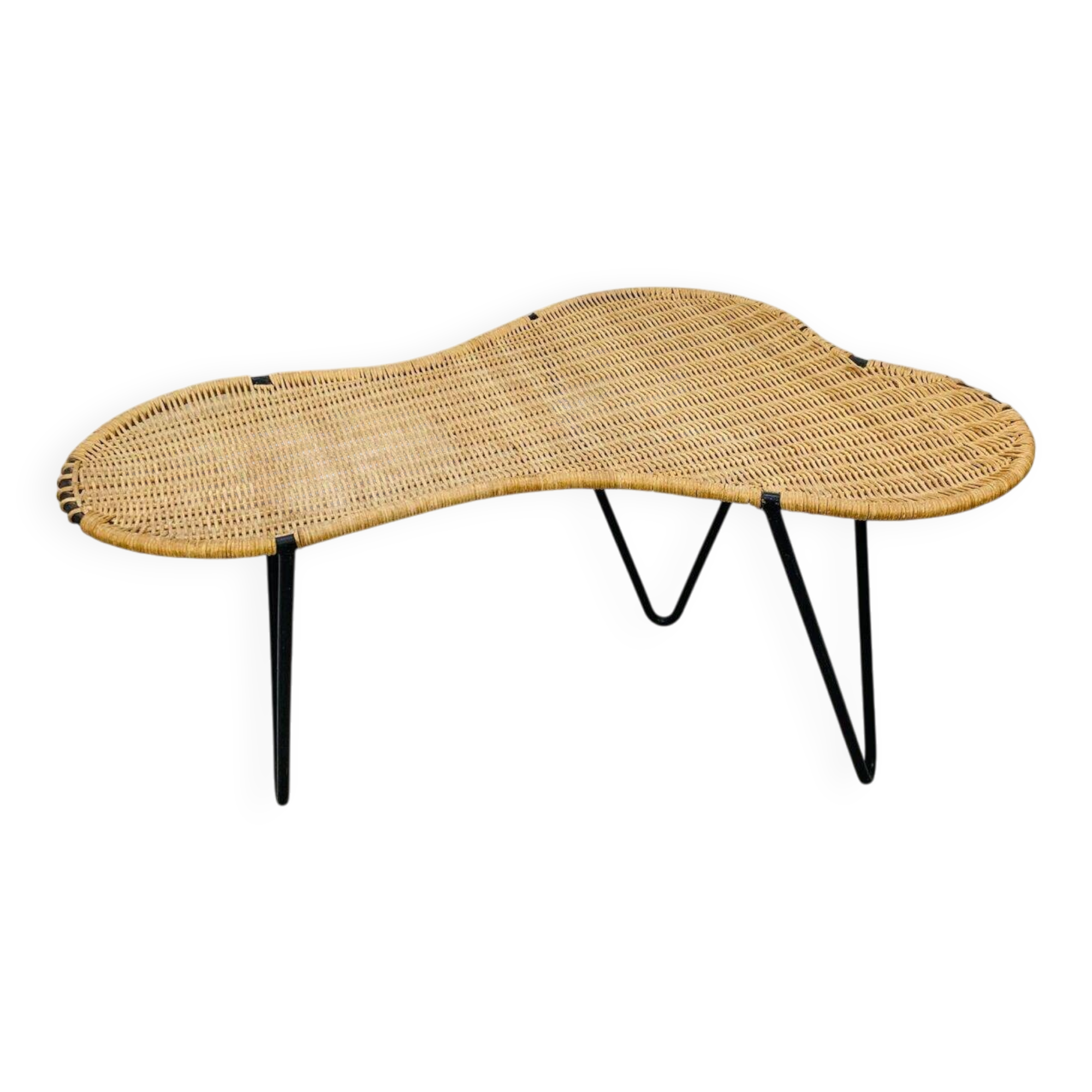 Raoul Guys coffee table, free form, wicker and metal, 1960s.