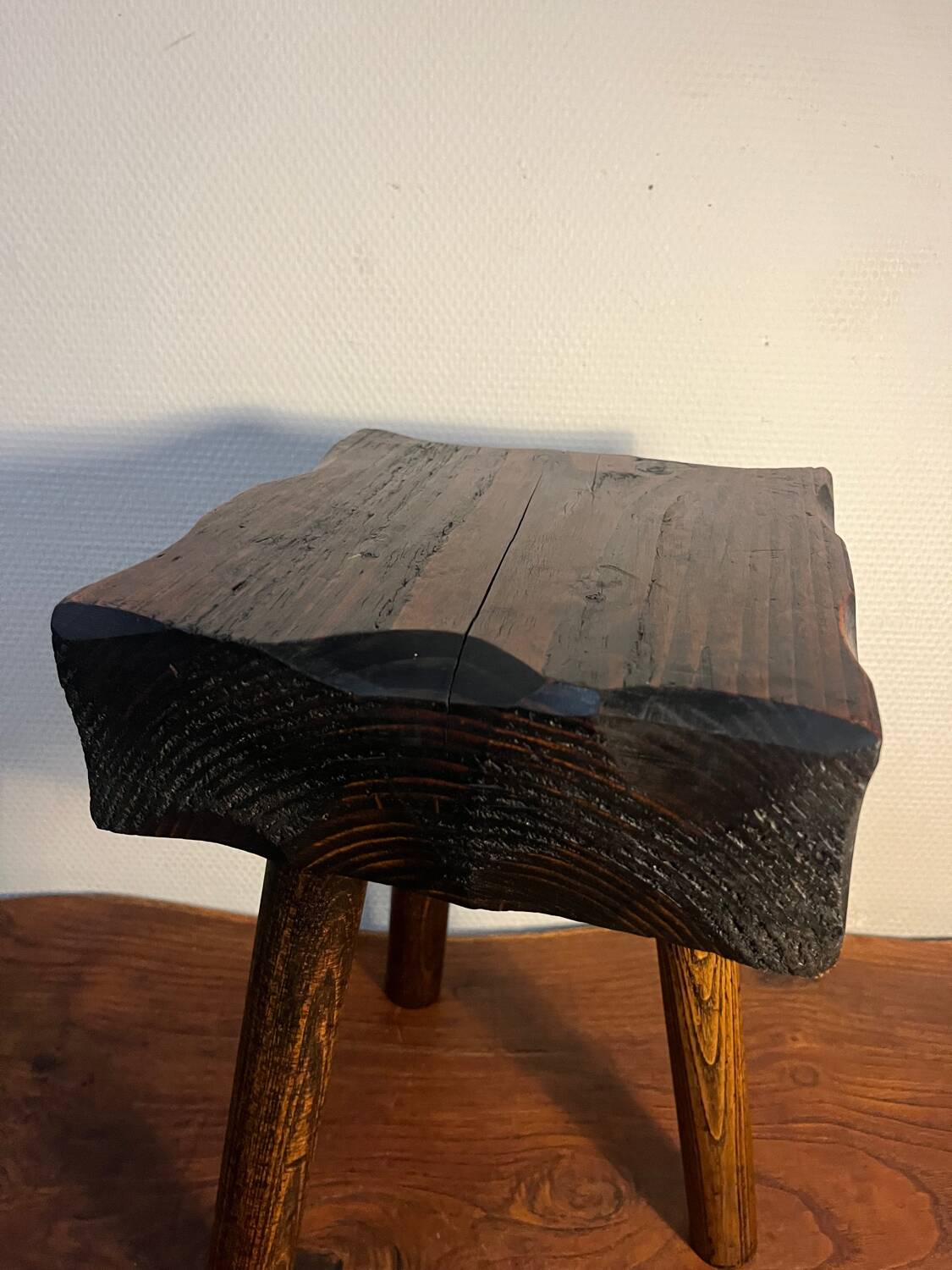 Brutalist tripod wooden stool