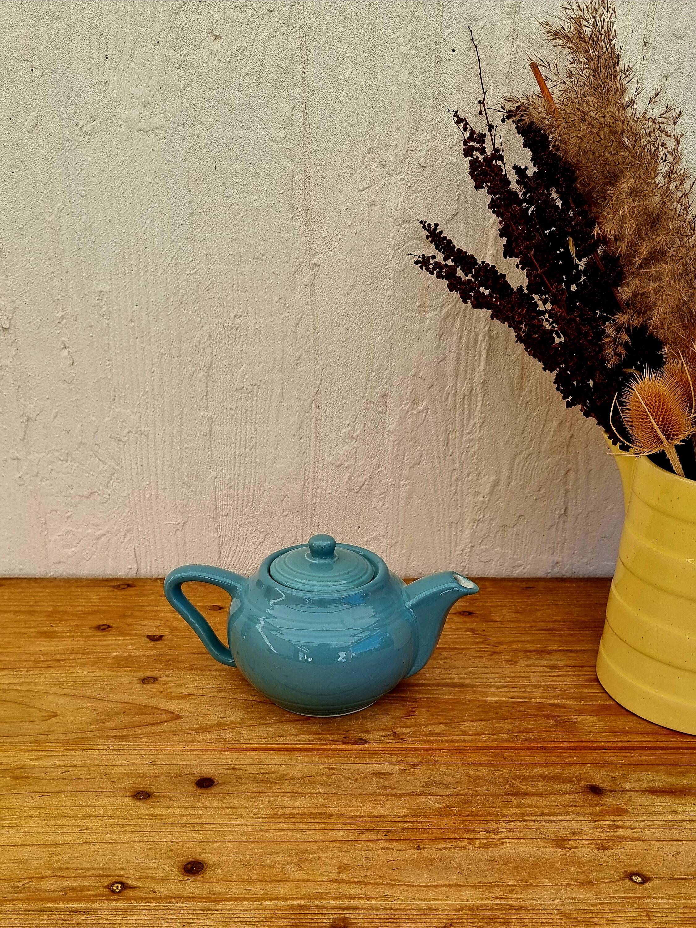 60s blue ceramic teapot