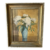 Old painting of a bouquet of flowers, watercolour of white peonies.