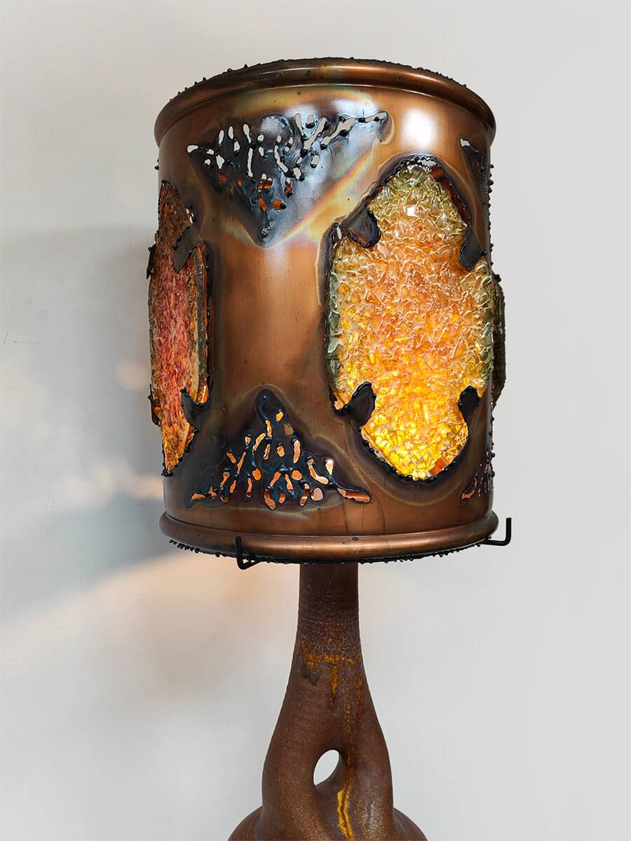 French vintage copper fractal resin table lamp Accolay 'Brutalist'