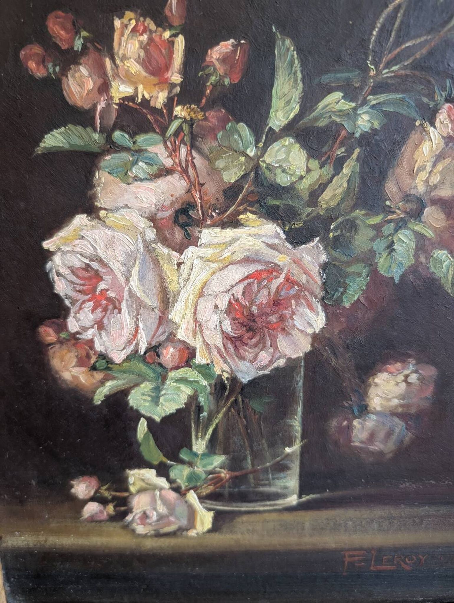 Tableau huile sur bois rose dans vase début XXeme