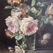 Tableau huile sur bois rose dans vase début XXeme