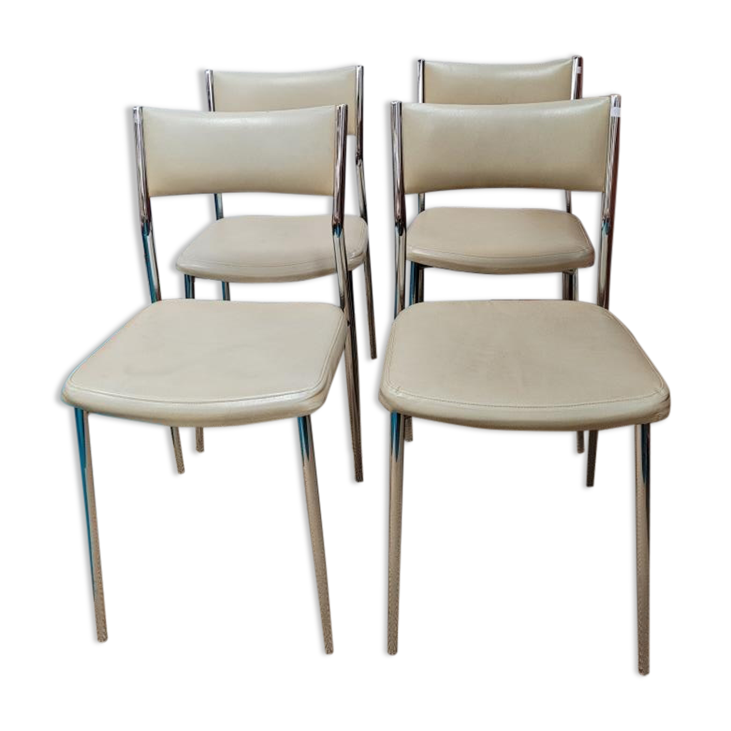 Set of 4 chairs chrome metal and skaï greige 70s.