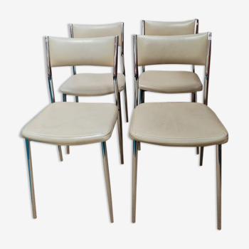 Set of 4 chairs chrome metal and skaï greige 70s.