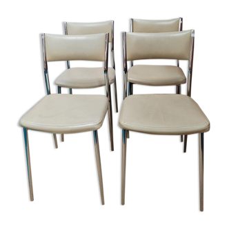 Set of 4 chairs chrome metal and skaï greige 70s.