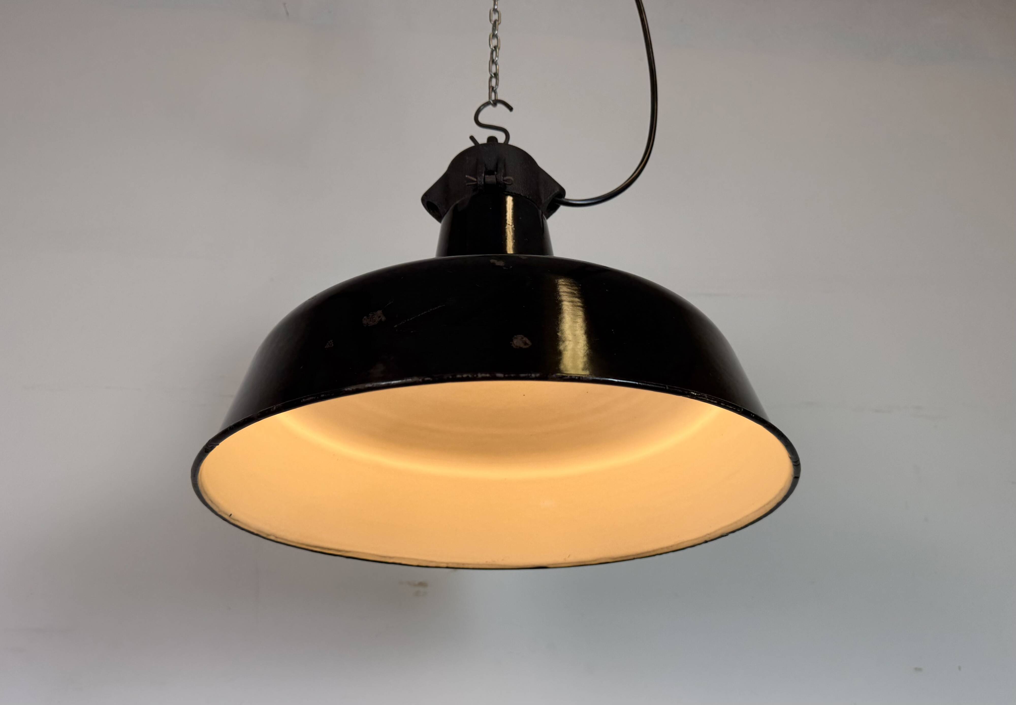 Industrial Black Enamel Factory Lamp with Cast Iron Top, 1950s