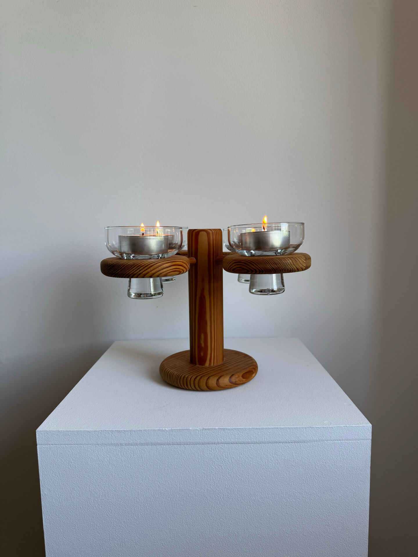 Vintage Mid Century Large Wood Candelabra With Four Glass Cups