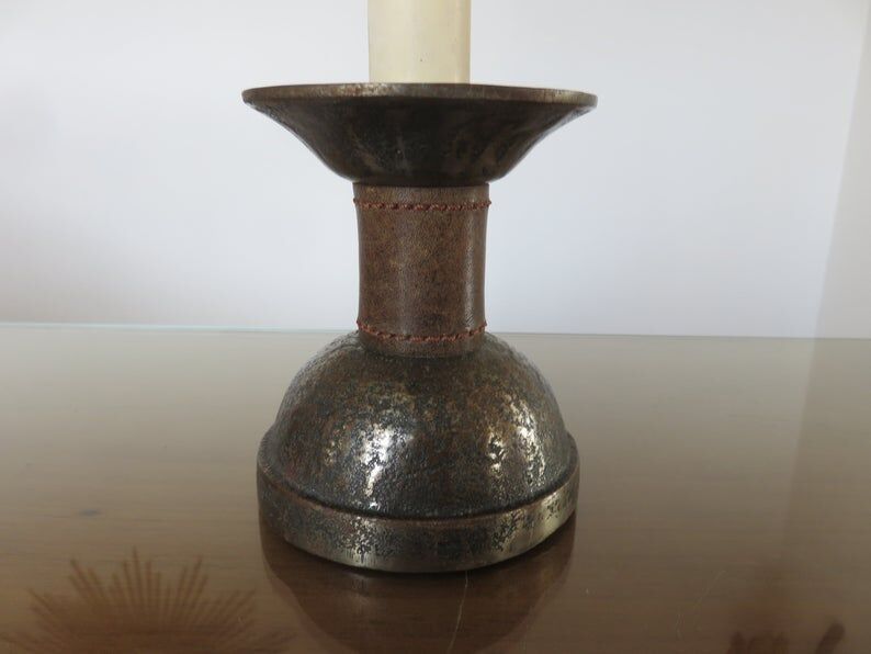 Pair of hammered raw steel and leather lamps 40 50s