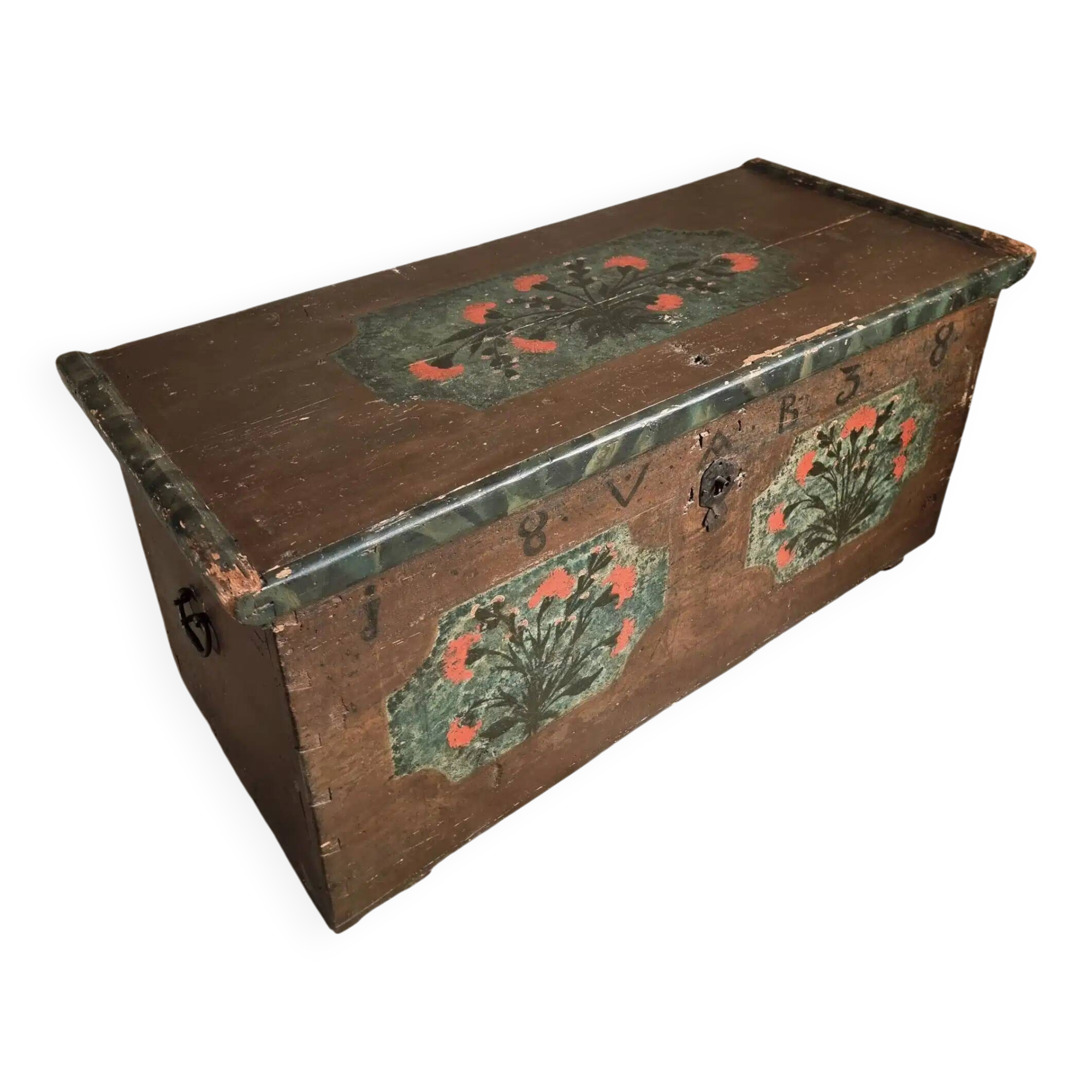 Antique French pine chest – 1838, painted folk art