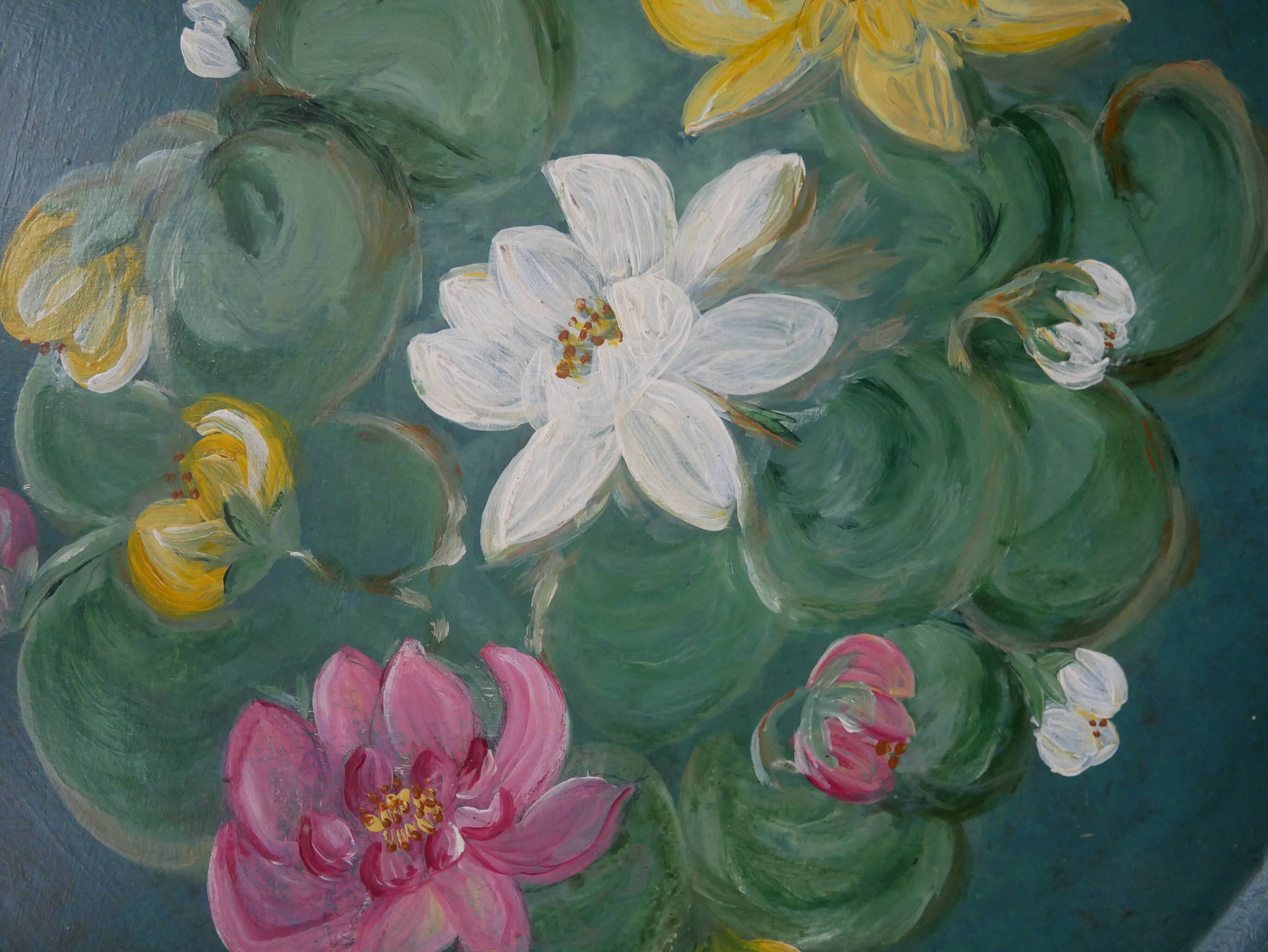 Hand-painted metal serving tray with floral decoration, bohemian country decoration, flea market spirit