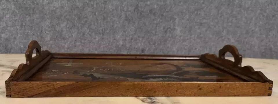 After Emile Gallé: Rectangular wooden tray with marquetry decoration