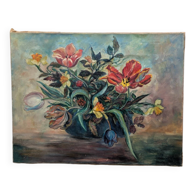 Tableau ancien, bouquet de fleurs