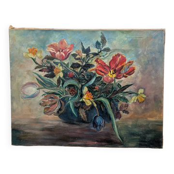 Tableau ancien, bouquet de fleurs