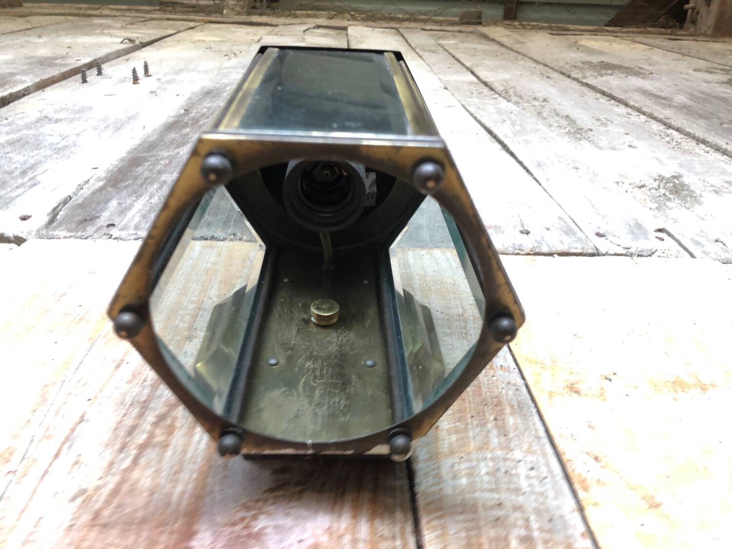Old Golden Metal Lantern Wall Lamp + 5 Vintage Beveled Glasses