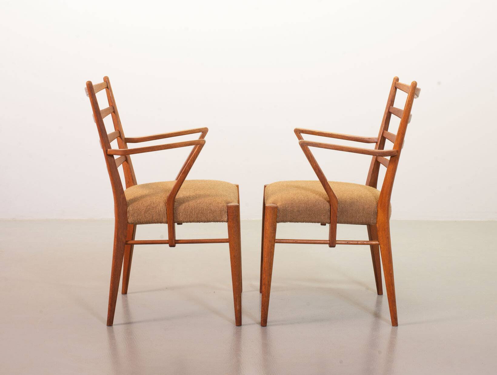 Cees Braakman Dutch Design Wooden Ladder Arm Chairs & Caramel Bouclé Fabric