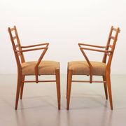 Cees Braakman Dutch Design Wooden Ladder Arm Chairs & Caramel Bouclé Fabric