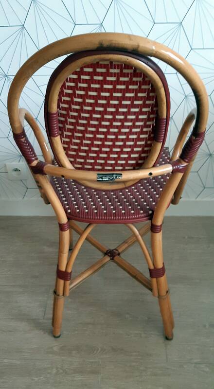 Vintage Parisian bistro armchair in rattan/bamboo and woven nylon.