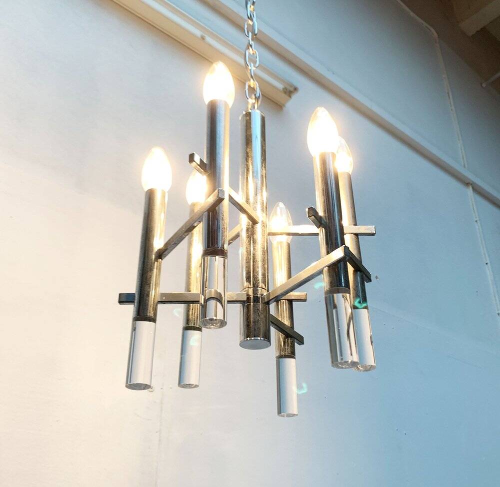 Italian chrome and acrylic chandelier from the space age mid-century by Gaetano Sciolari, 1960s.