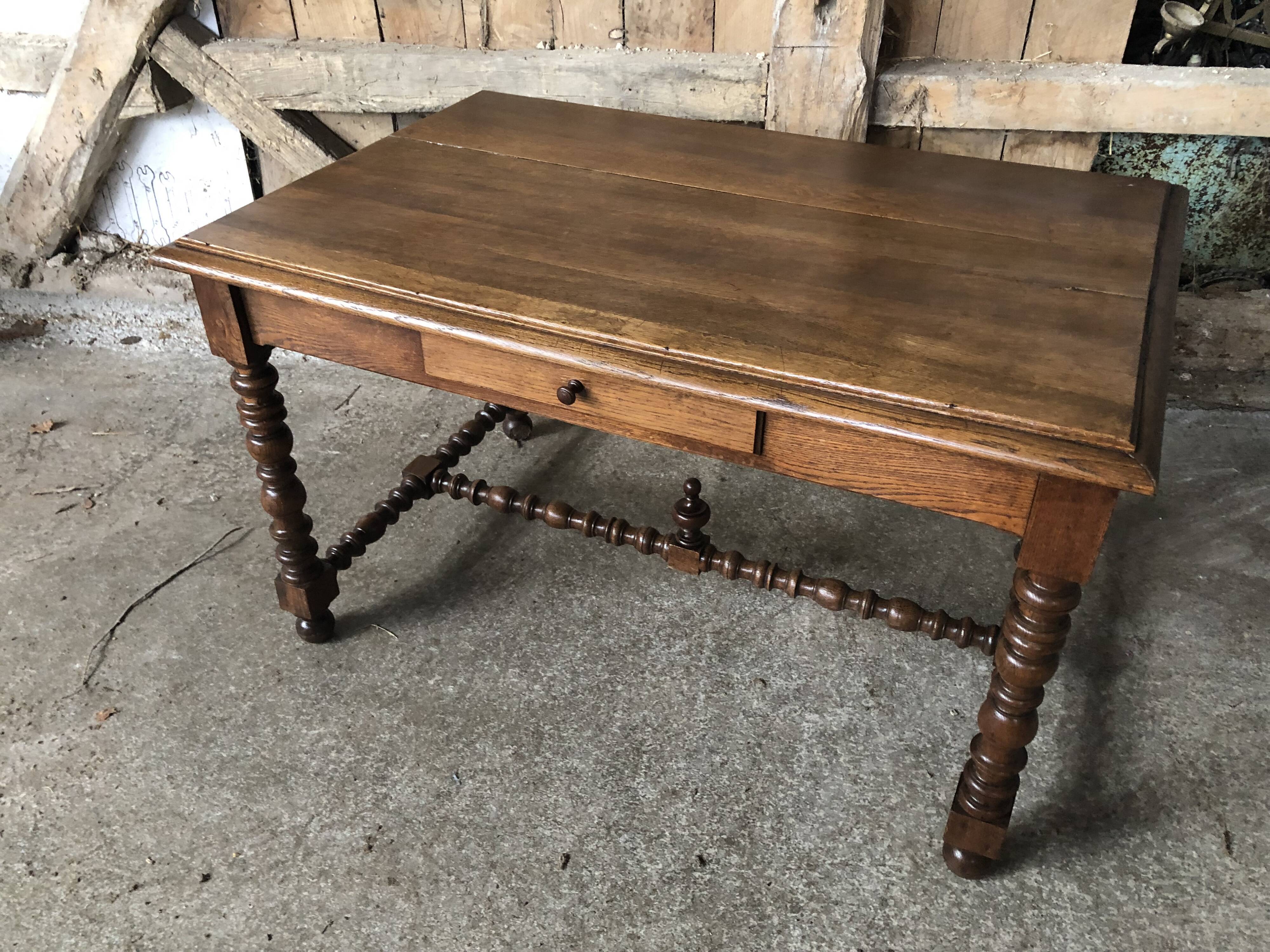 Old desk style henri ii table + drawer wood turned vintage