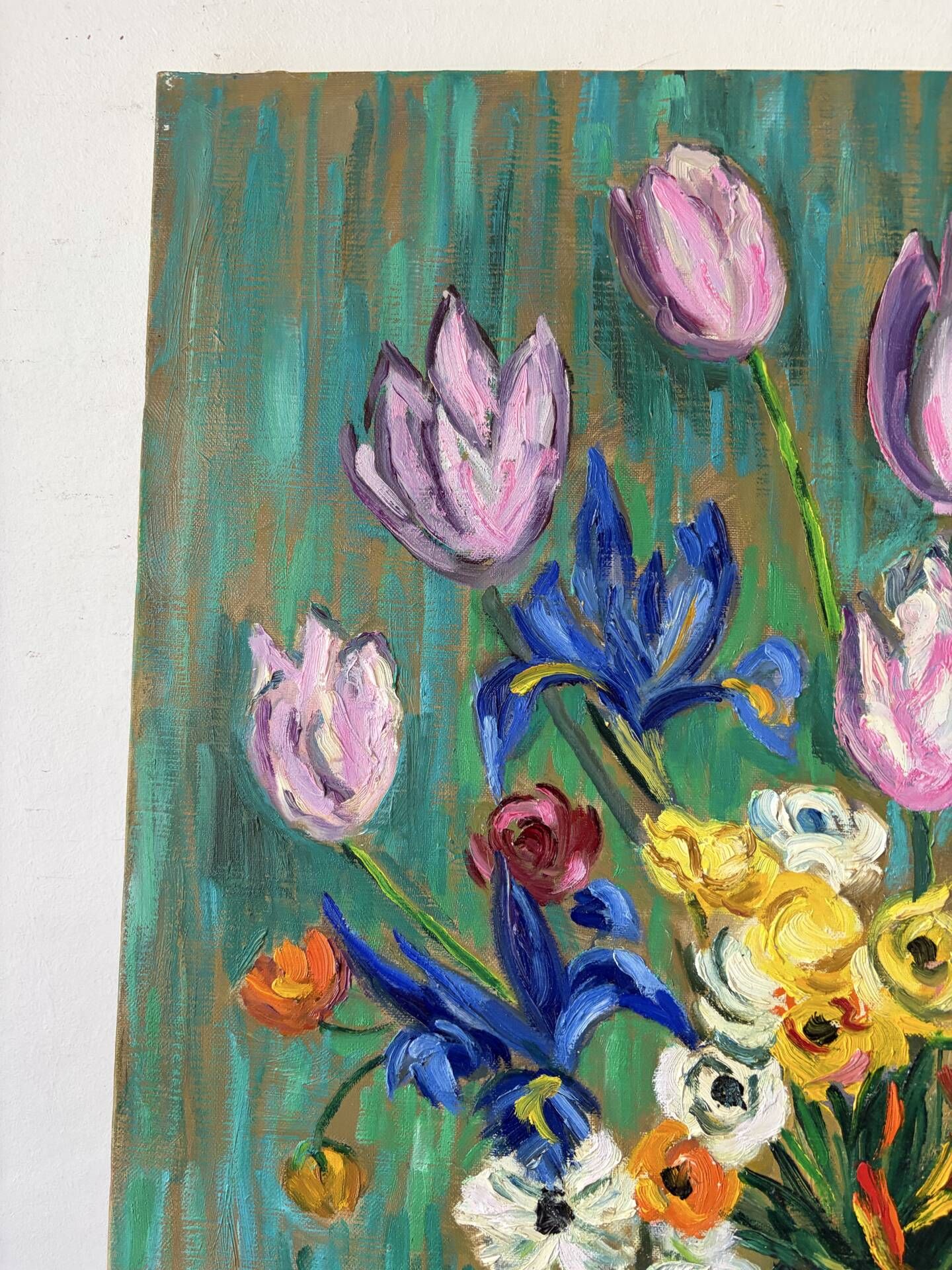 Tulips and iris, oil on canvas signed Gisèle Renaut 1978