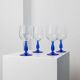 Set of 4 vintage Italian glass wine glasses, clear bowls with royal blue stems, 1980s MCM style