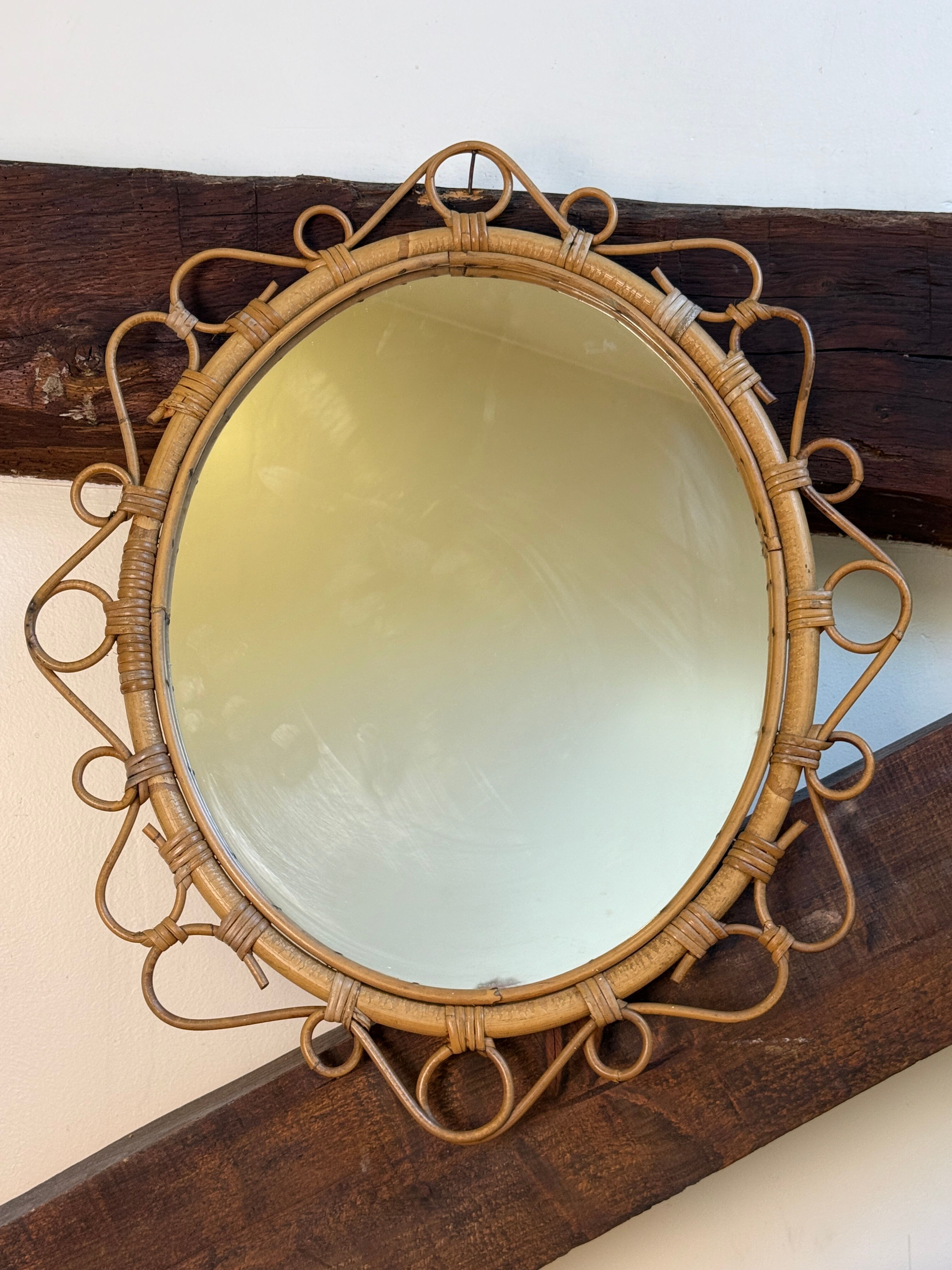 Oval rattan mirror from the 1950s France