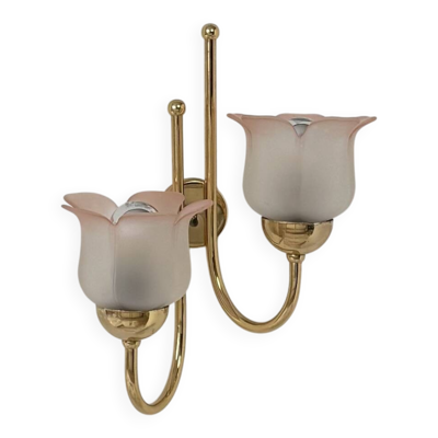 Applique vintage, laiton et verre moulé pressé rosé sablé, France, 1980