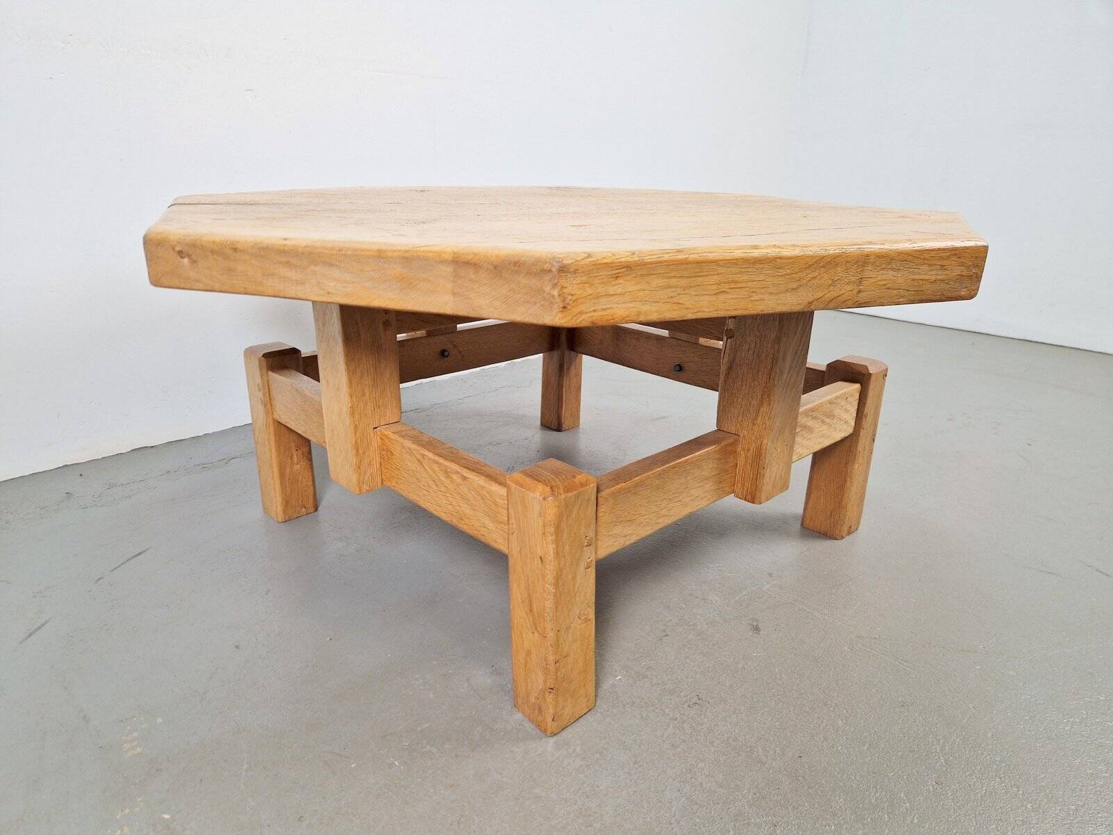 Rustic Brutalist Octagonal Oak Coffee Table by Pierre Chapo, 1960s