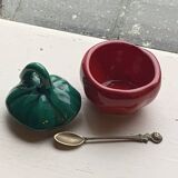 Salt pots and mustard pot, in enameled ceramic, slip, in the shape of a tomato, vintage