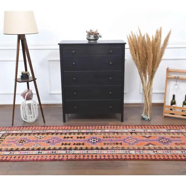 1970s Vintage Turkish Hand-Knotted Wool Cotton Orange Runner Rug 86x326