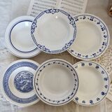 6 mismatched vintage blue and white earthenware soup plates - Set