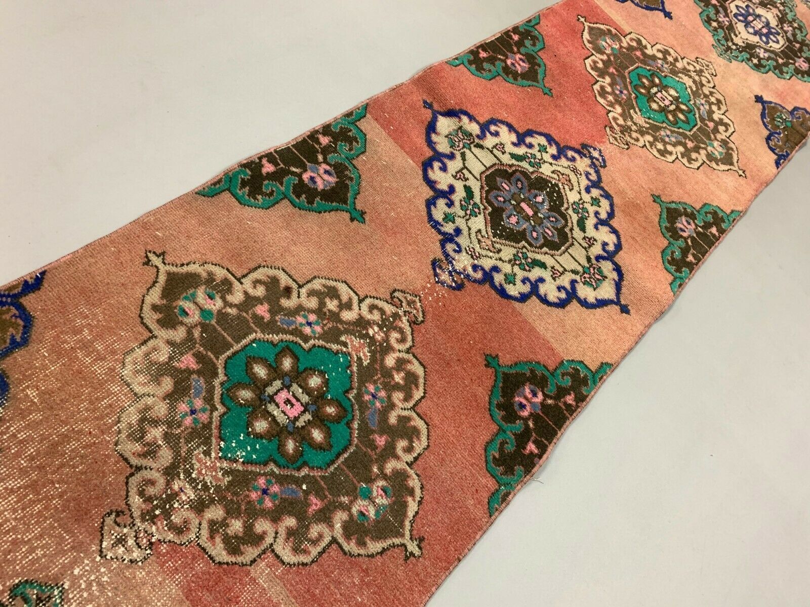 Distressed Turkish Runner 380x72 cm wool Vintage Tribal Rug Pink Green