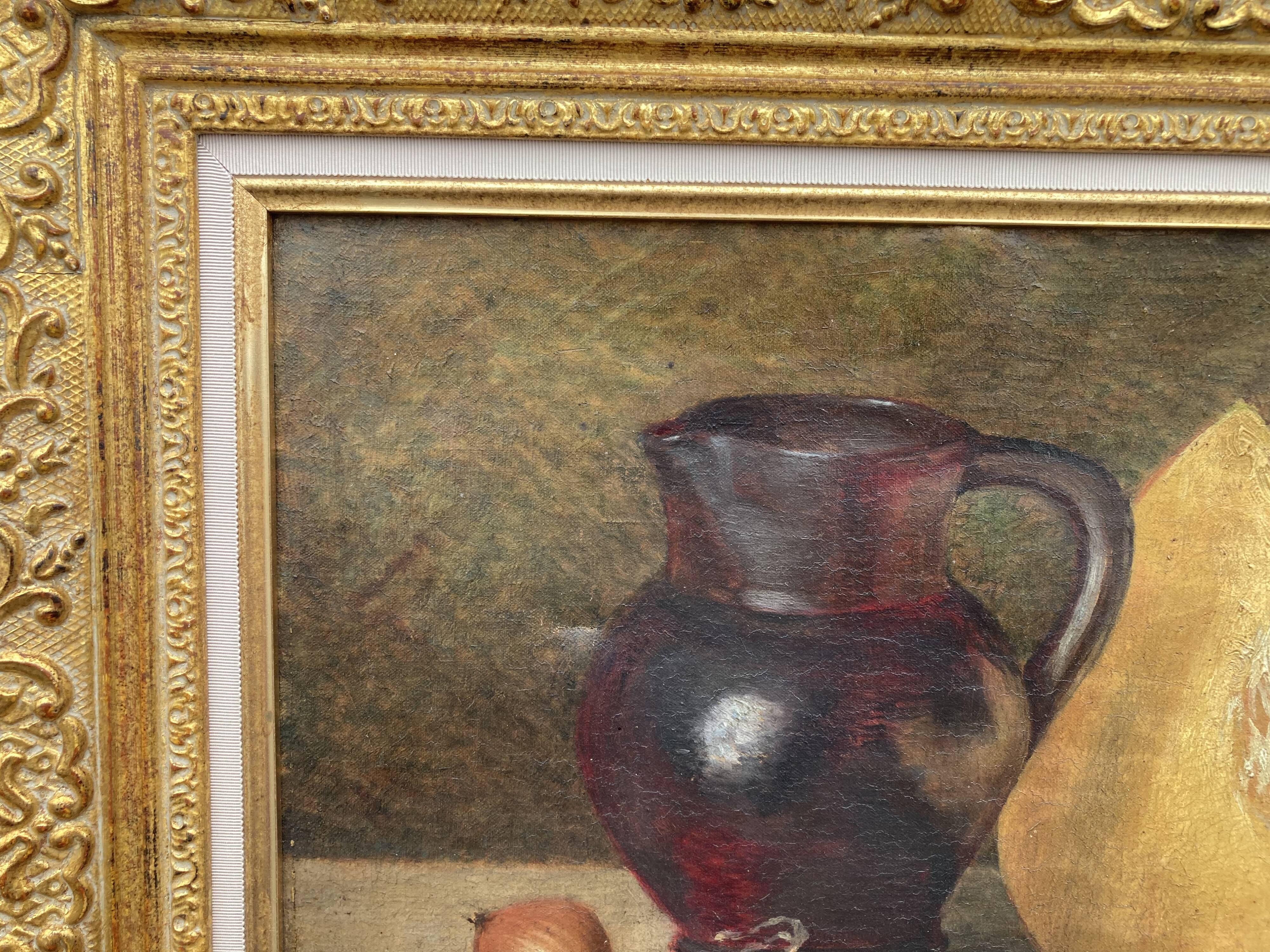 French School, Still Life with Gourd and Jug, Oil on Canvas Frame