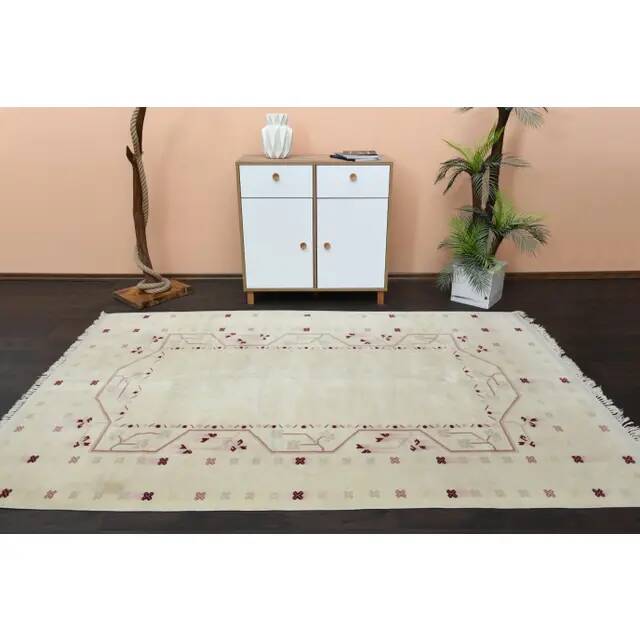 1970s vintage Turkish Oushak handmade wool cotton beige area rug 176x267
