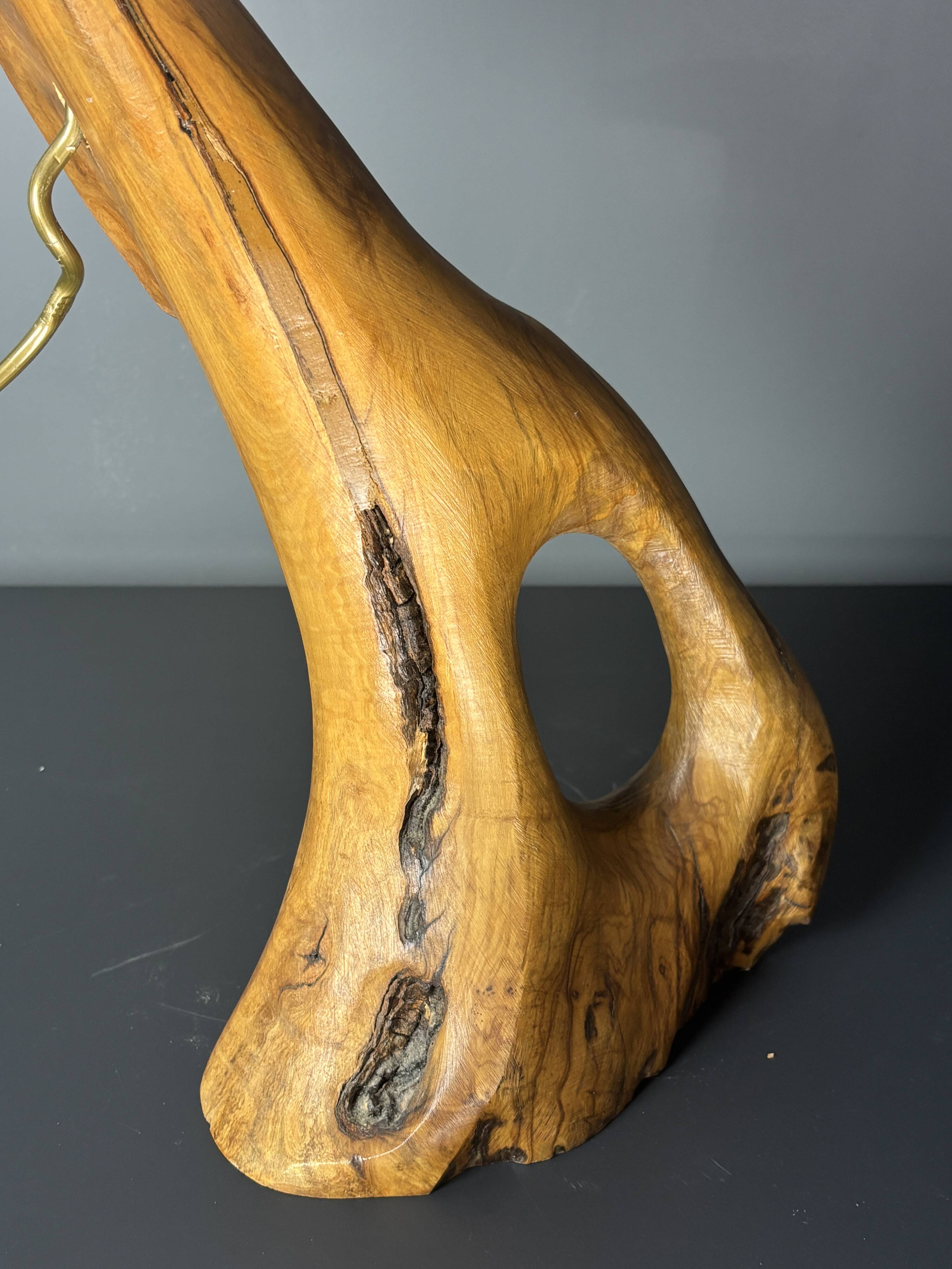 French midcentury brutalist olive wood table lamp, 1950s