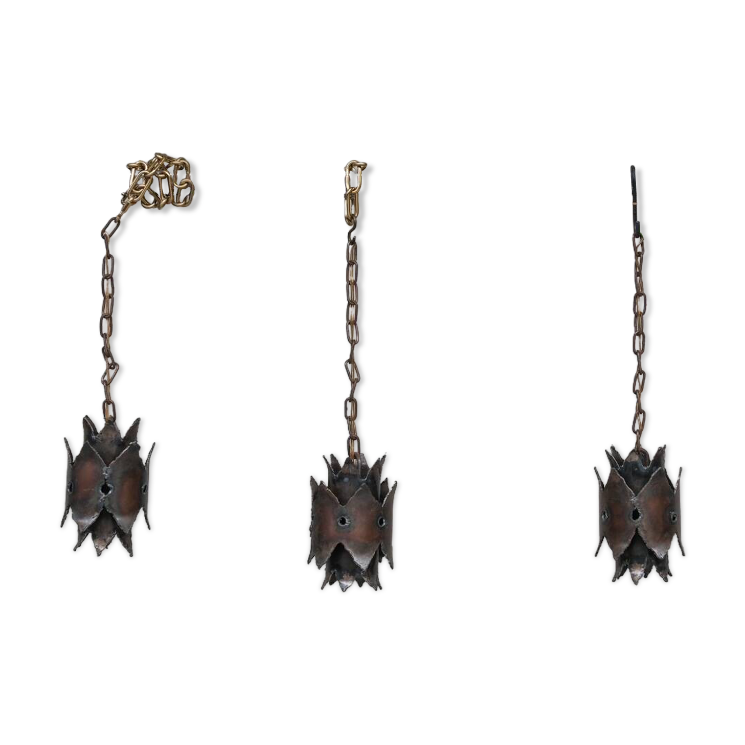 Trio of Unusual Brutalist Late 20th Swedish Pendant Lights