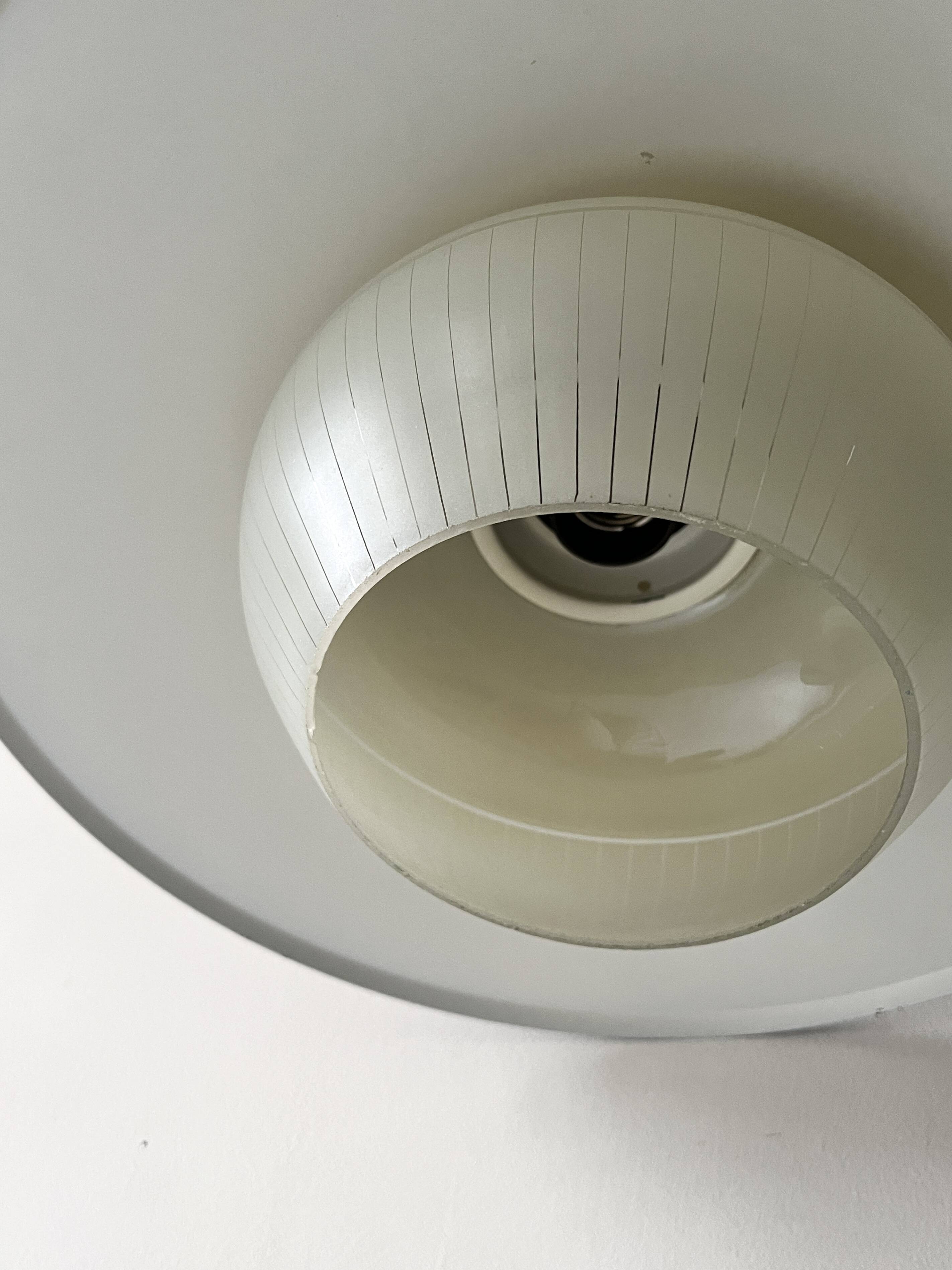 Scandinavian suspension in black metal, copper, and opal glass, 1970s design.