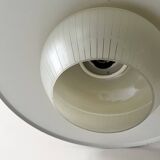 Scandinavian suspension in black metal, copper, and opal glass, 1970s design.