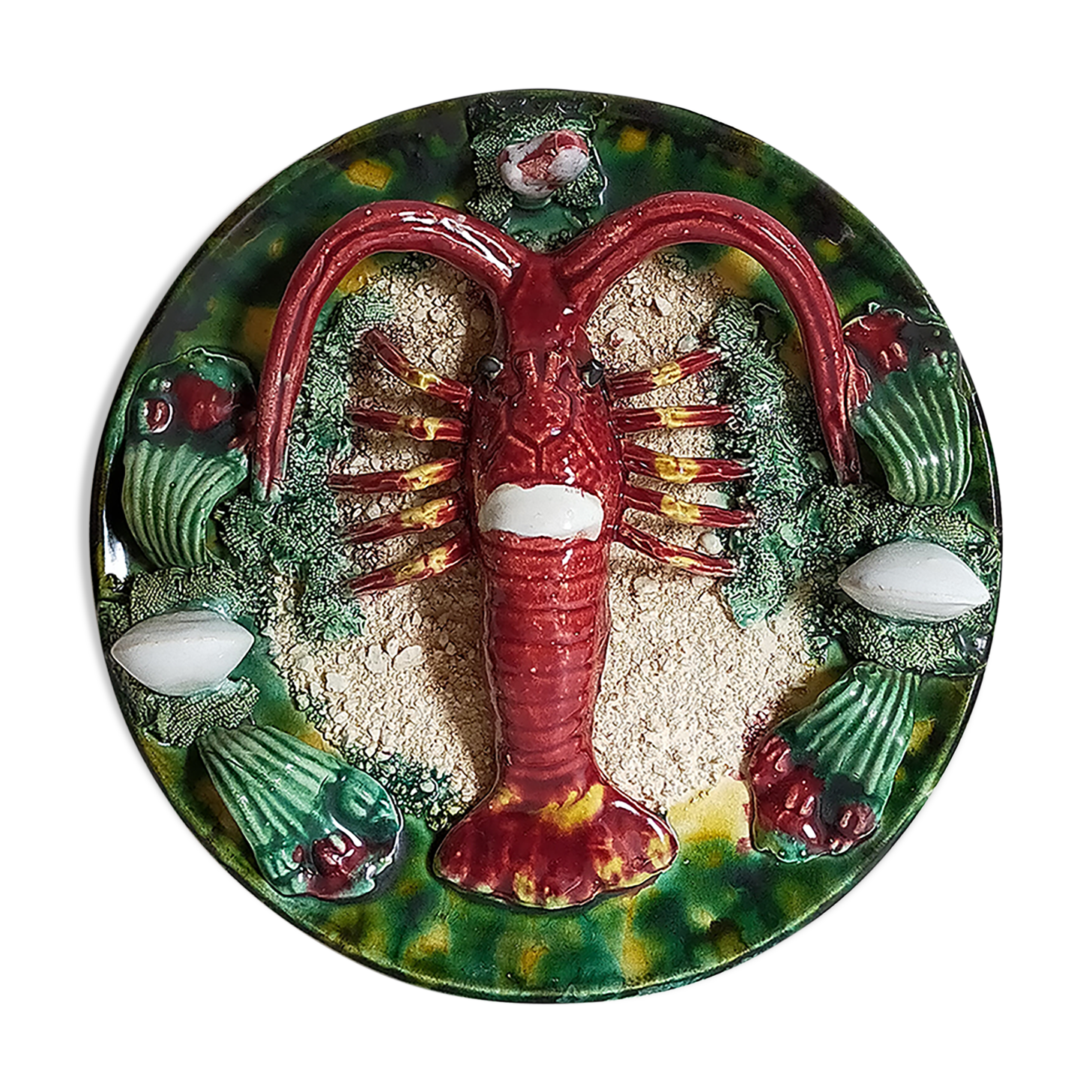 Plate in old barbotine with lobster