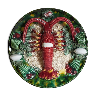 Plate in old barbotine with lobster