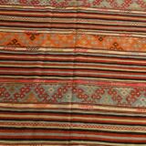6x9 Red Orange Striped Handmade Kilim Rug, 174x267Cm