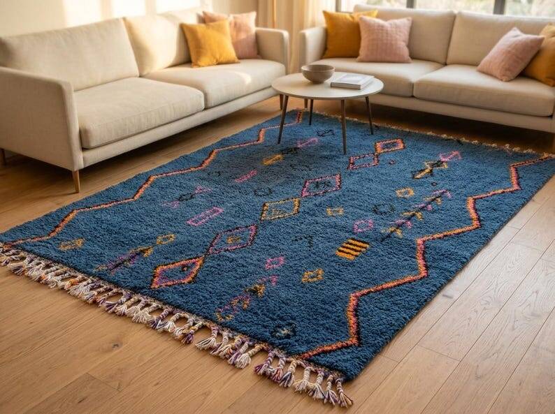 Tapis Handmade Marocain bleu décoré 200cmx300cm