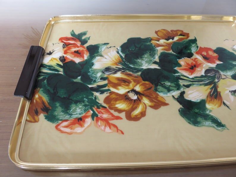 Floral formica and gold metal tray 50 60s