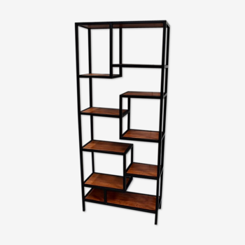 Shelves in solid mahogany and black laqué iron